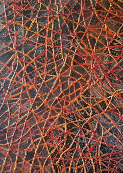Apparato radicale (2026), Giancarlo Carnevale. A dense network of orange and red roots against dark green