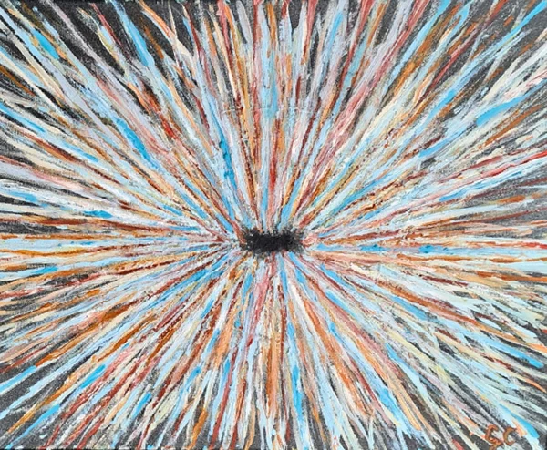 Collisioni 1 (2024), Giancarlo Carnevale. Fine multicoloured strokes converging on a dark centre
