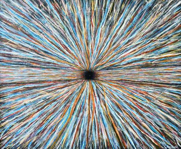Collisioni 2 (2024), Giancarlo Carnevale. Radiating blue, white and orange strokes around a dark centre