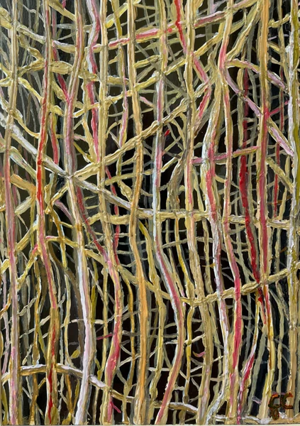 Connessioni radicali (2026), Giancarlo Carnevale. Sottili radici gialle e rosse intrecciate su un fondo scuro