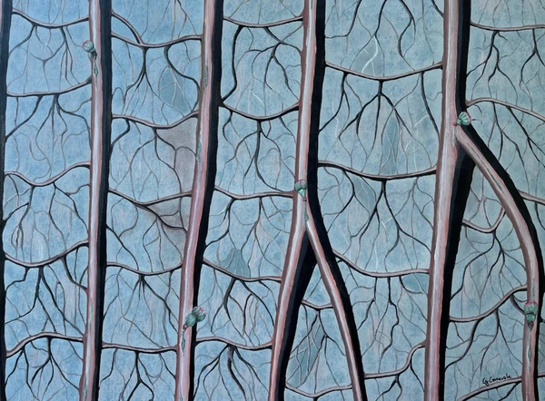 Connessioni (2025), Giancarlo Carnevale. Una rete ramificata di venature scure su un fondo blu