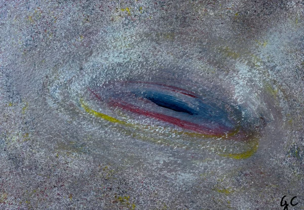 Gravità (2024), Giancarlo Carnevale. An elliptical blue and red form against a textured grey field