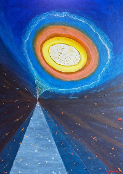 Il calice (2026), Giancarlo Carnevale. Anelli concentrici blu e arancioni sopra un fascio triangolare di luce