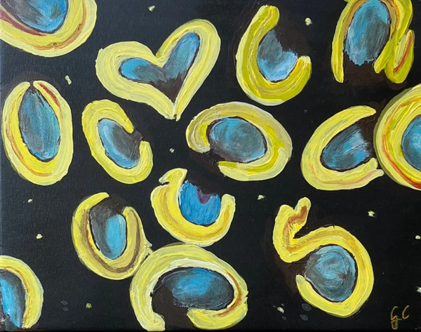 Incontri (2024), Giancarlo Carnevale. Yellow-edged blue loops across a dark field