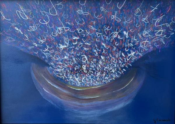 L’alba della vita (2026), Giancarlo Carnevale. A curved blue form beneath a constellation of coloured marks