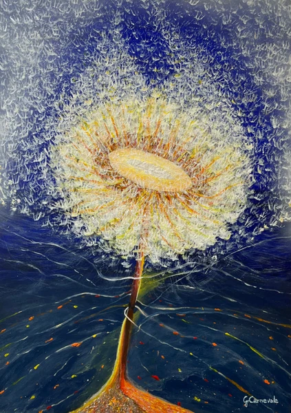 L’albero della vita (2026), Giancarlo Carnevale. A luminous yellow crown above branching roots in deep blue