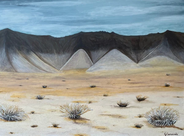 Montagna incantata (2024), Giancarlo Carnevale. An arid plain beneath dark mountains and a blue-grey sky