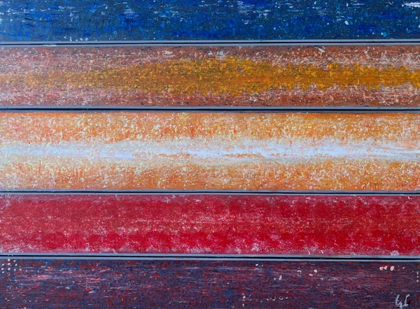 Onda sonora (2026), Giancarlo Carnevale. Layered horizontal bands of blue, orange, white and red