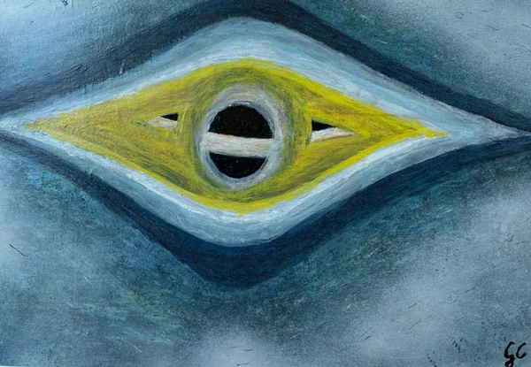 Porta del tempo (2024), Giancarlo Carnevale. A yellow eye-like ellipse suspended in a blue-grey field