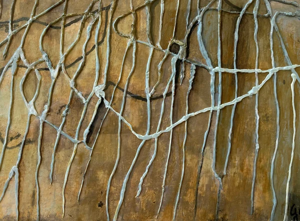 Radici (2024), Giancarlo Carnevale. Branching pale roots against an ochre and brown field