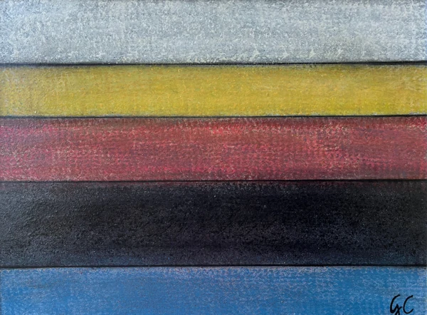 Re, sol, si, fa, fa (2024), Giancarlo Carnevale. Horizontal bands of grey, yellow, red, black and blue