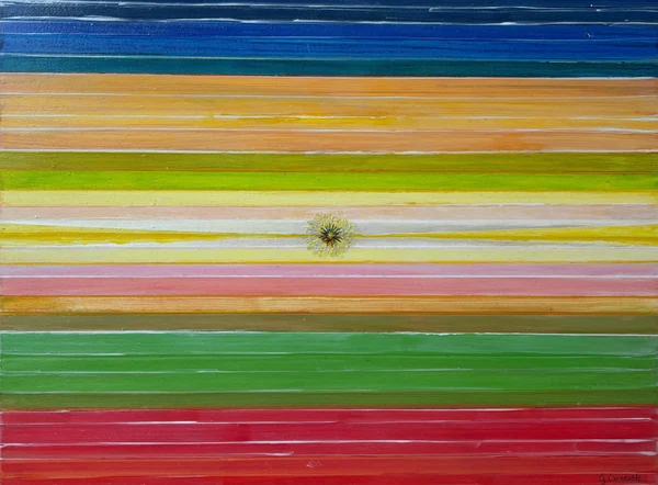 Sorgere di una sinfonia (2026), Giancarlo Carnevale. Sottili fasce orizzontali di colori vivaci intorno a un piccolo punto centrale