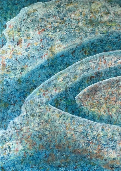 Visioni marine 1 (2026), Giancarlo Carnevale. Canali turchesi curvi su un fondo finemente materico