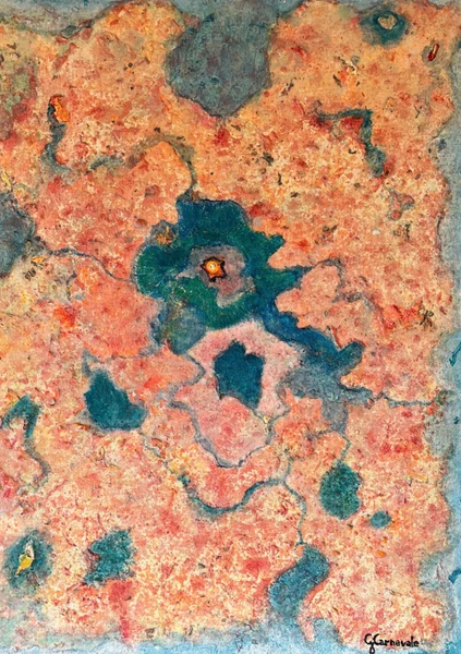 Visioni marine 2 (2026), Giancarlo Carnevale. Irregular turquoise forms within a coral and orange field