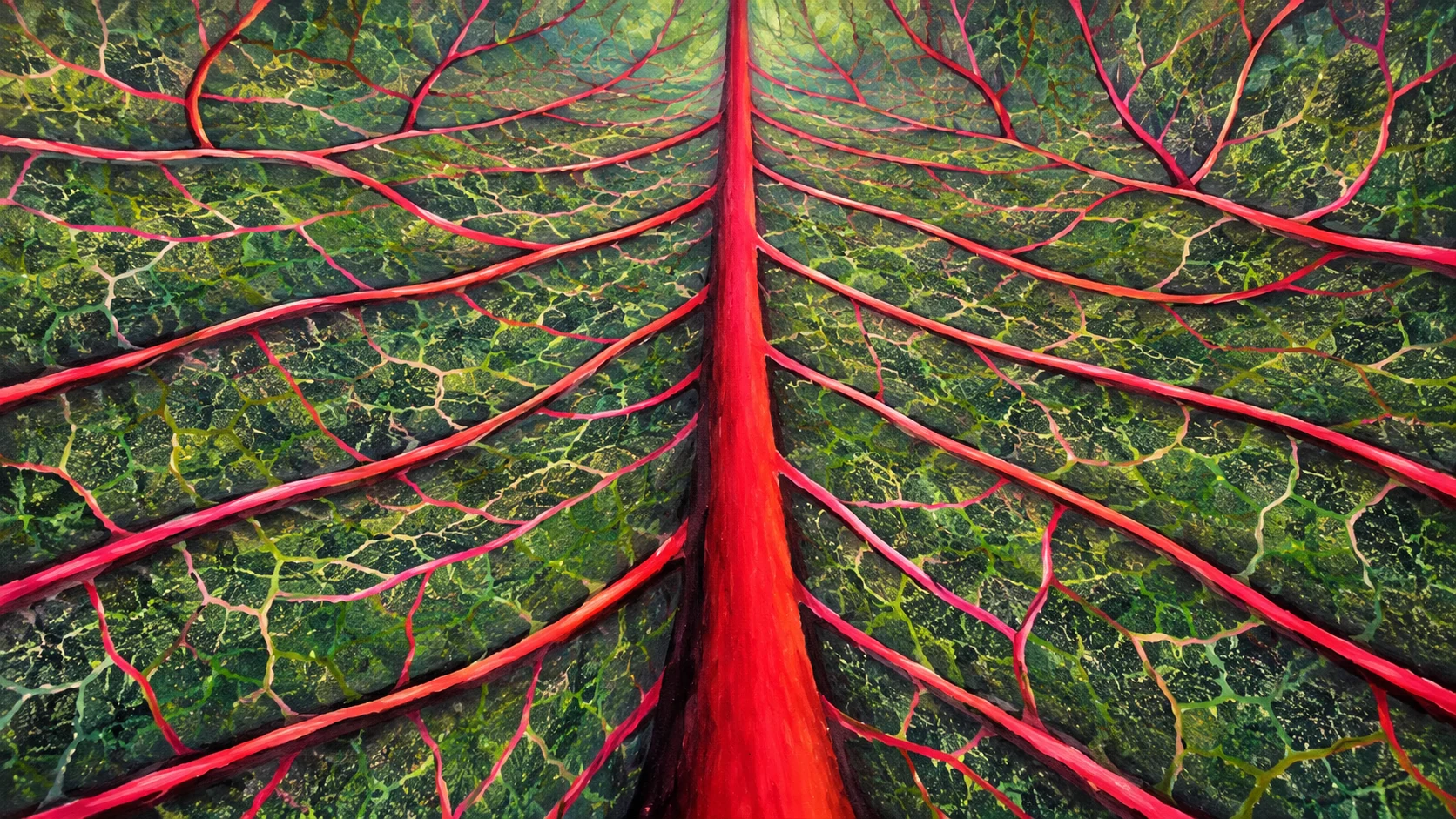 Visual interpretation of Foglia, transforming its green surface and branching veins into an immersive landscape