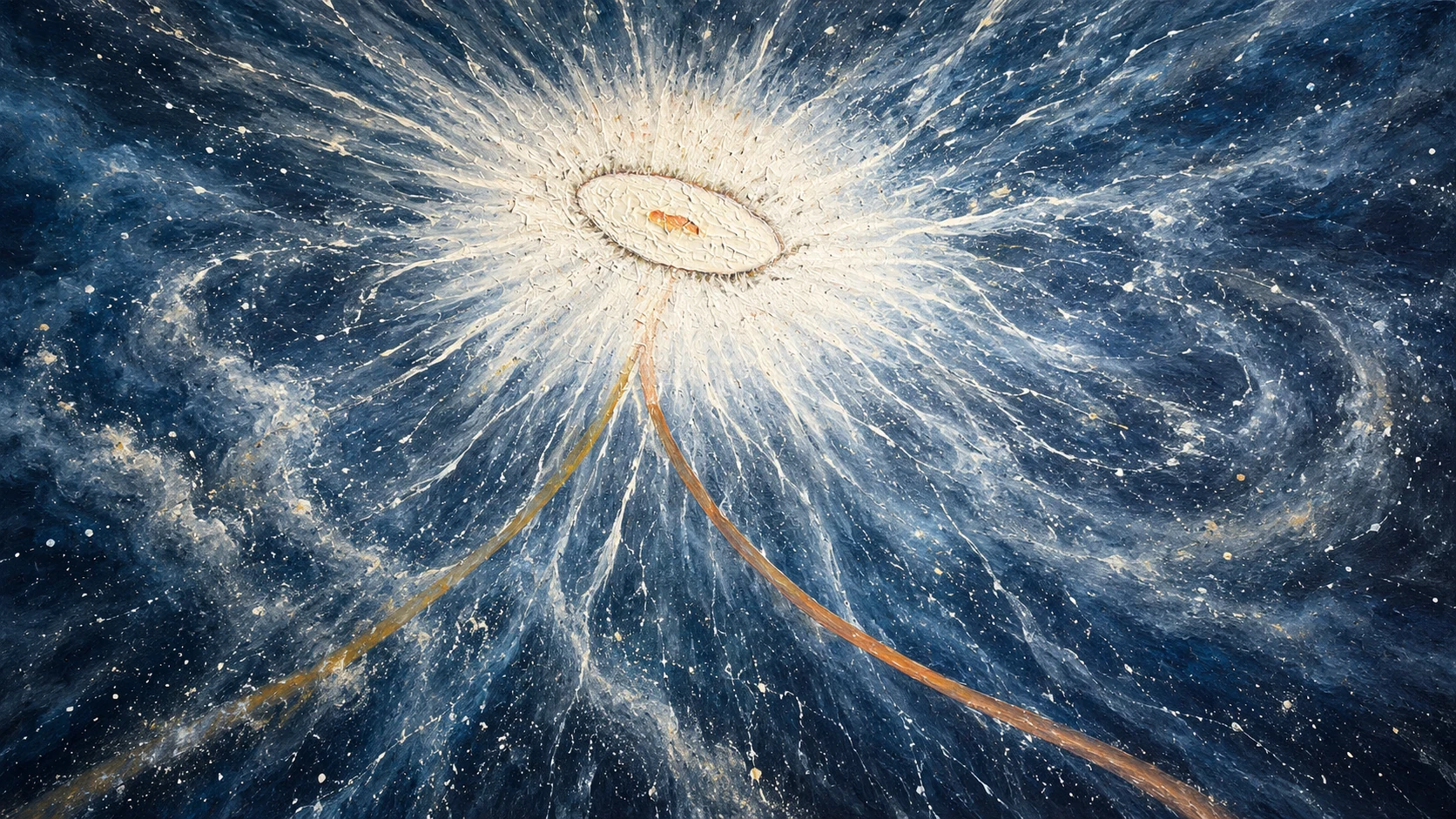 Visual interpretation of Il fiore cosmico, with a radiant white flower in an expansive blue cosmic field